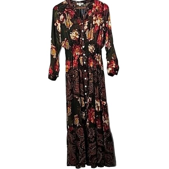 Women Sz S Maxi Sheer Dress Dark Floral Fairy Grunge BOHO Tiered Ruffle Smocked - Picture 14 of 14